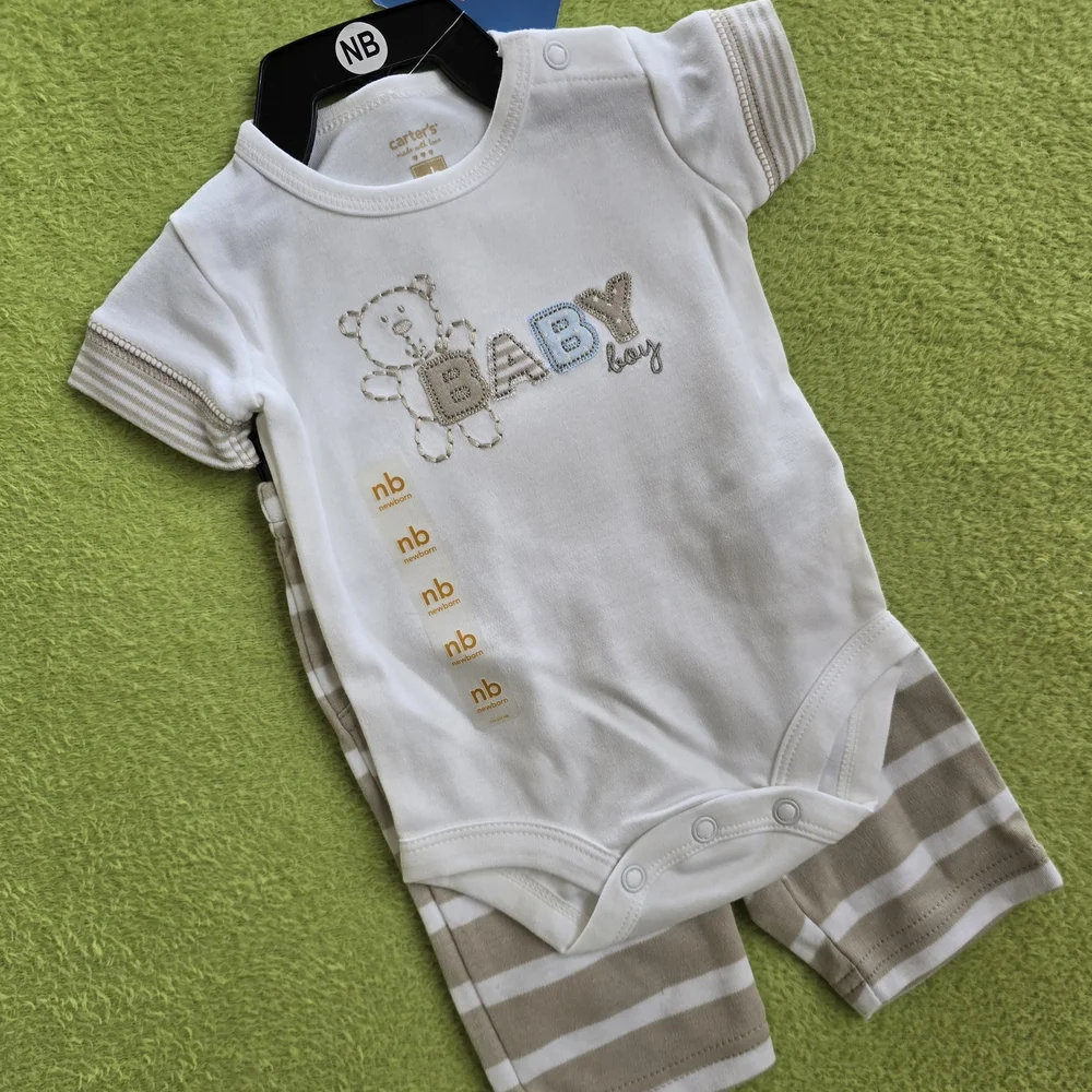 NWT 3-6M Baby BOY 2p PANTS SET Cute TEDDY BEAR Blue & Tan Cotton (Q1)